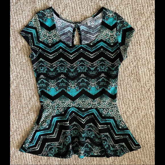 Charlotte Russe Tops - Charlotte Russe Black and Blue Patterned Peplum Top